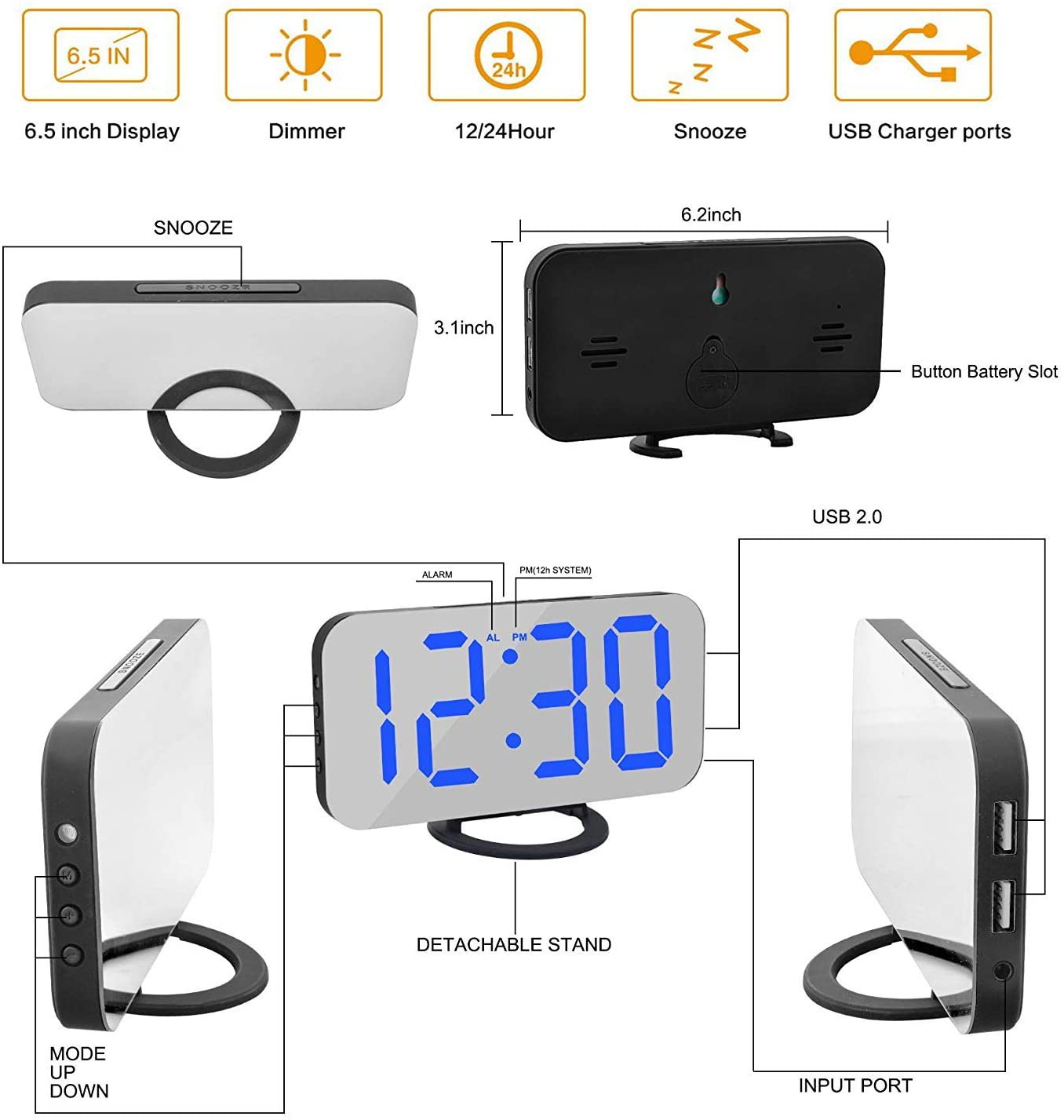 Digital Clock Large Display,Alarm Clocks Mirror Surface,with 2 USB Charger Ports,Auto Diming , Snooze, Small Desk Electric Clock for Bedroom Office Living Room Decor - Green