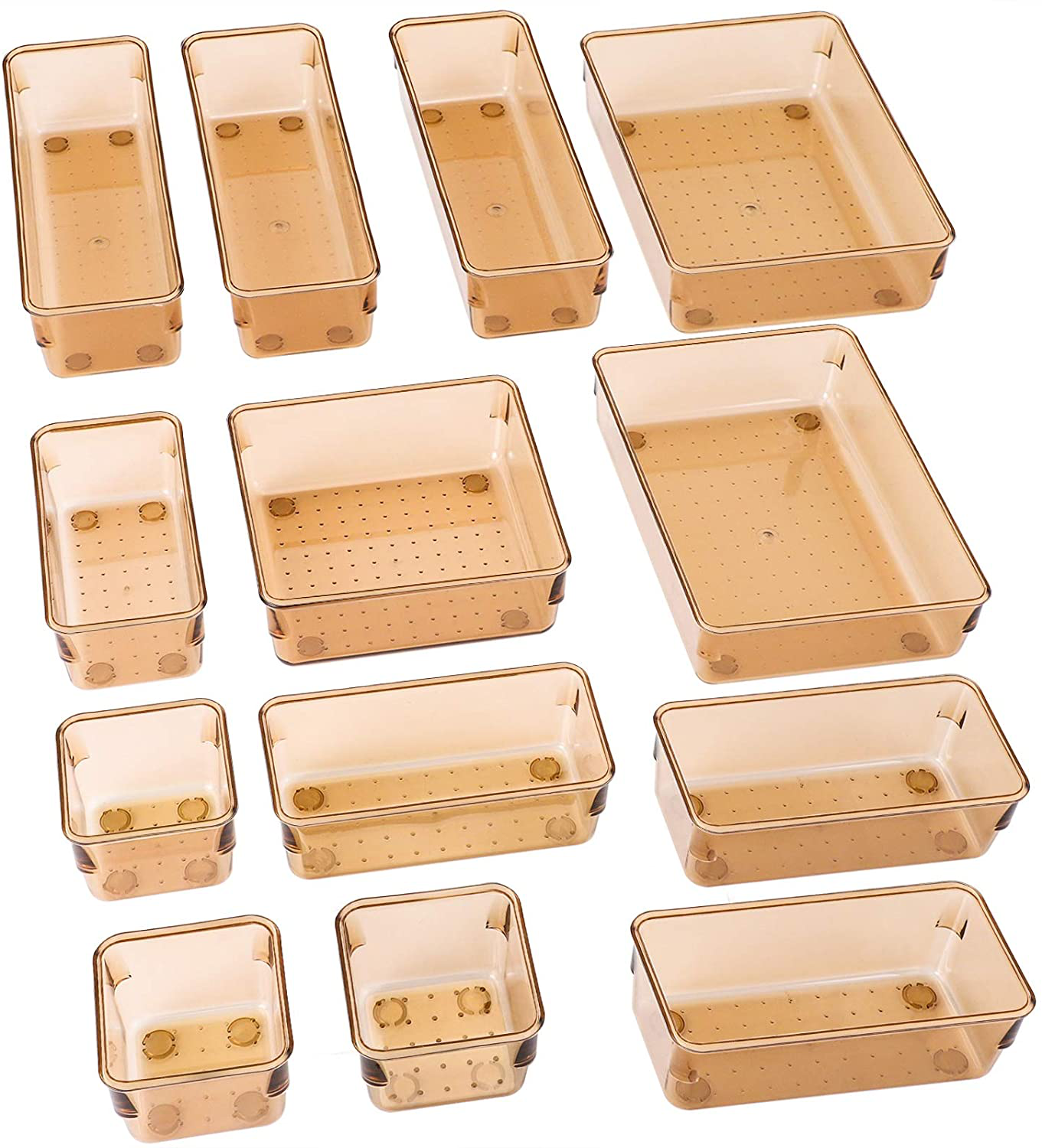SMARTAKE 13-Piece Drawer Organizers with Non-Slip Silicone Pads, 5-Size Desk Drawer Organizer Trays Storage Tray for Makeup, Jewelries, Utensils in Bedroom Dresser, Office and Kitchen, Light Brown
