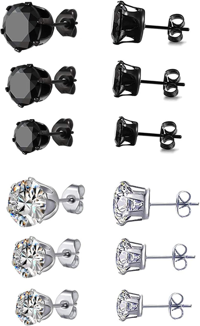 6 Pair Stainless Steel Mens Womens Stud Earrings Set Black and Clear round Cubic Zirconia Inlaid Pierced Hypoallergenic 3-5Mm(12Pcs,3 Pairs Black,3 Pairs Clear)
