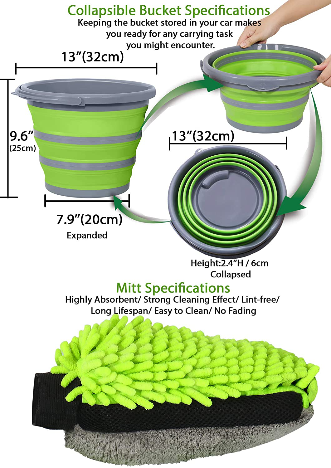 GreatCool Car Wash Collapsible Bucket with 3-in-1 Car Wash Mitt, Coral Velvet + Weave + Chenille Microfiber Glove Sponge, 10L (2.6 Gallon) Portable Folding Basin Pail for Car Household Cleaning