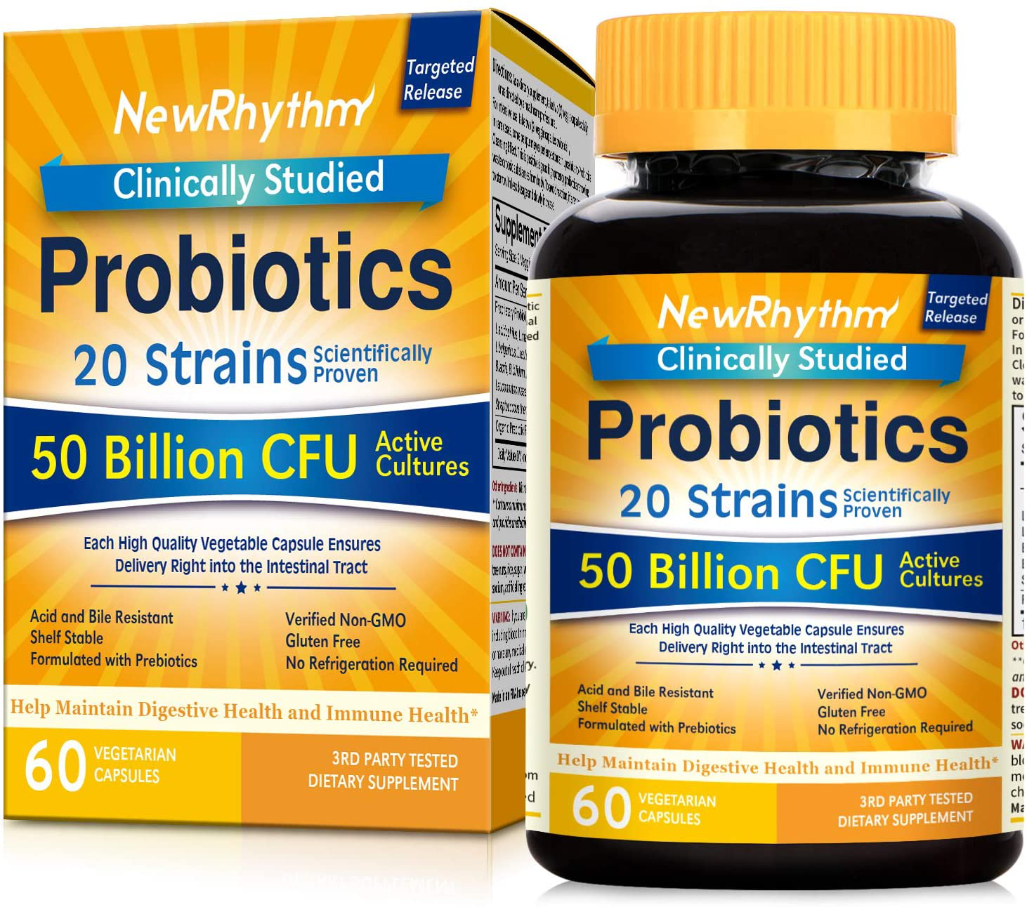 NewRhythm Extra Strength Probiotics 120 Billion CFU 36 Strains, 3-in-1 Digestive & Immune Support with Prebiotics & Enzymes, Targeted Release, Stomach Acid Resistant, No Refrigeration, Non-GMO, Vegan