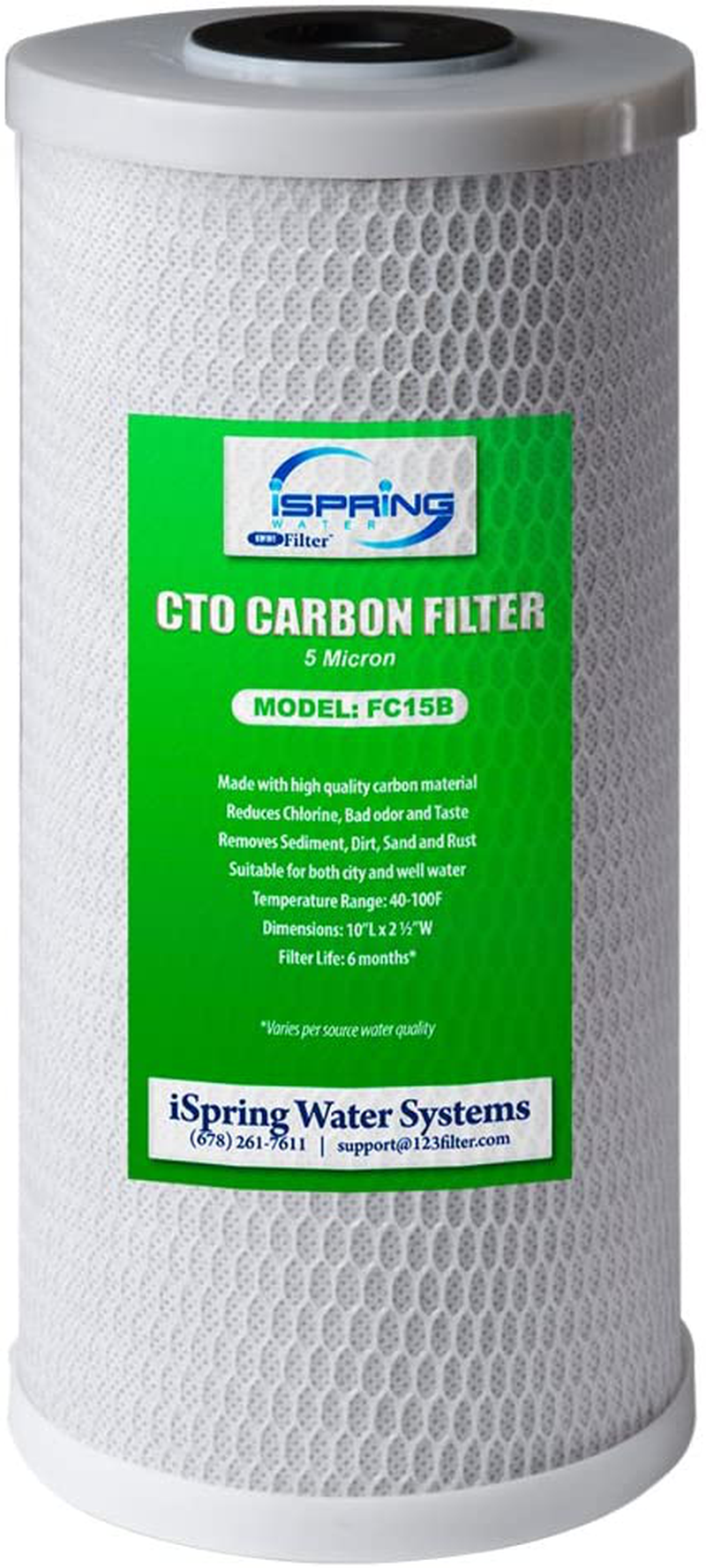 iSpring FC15B High Capacity Activated CTO Carbon Block Filter Replacement Cartridge for Under Sink and Whole House Water Filtration System, 5-Micron 10"x4.5"