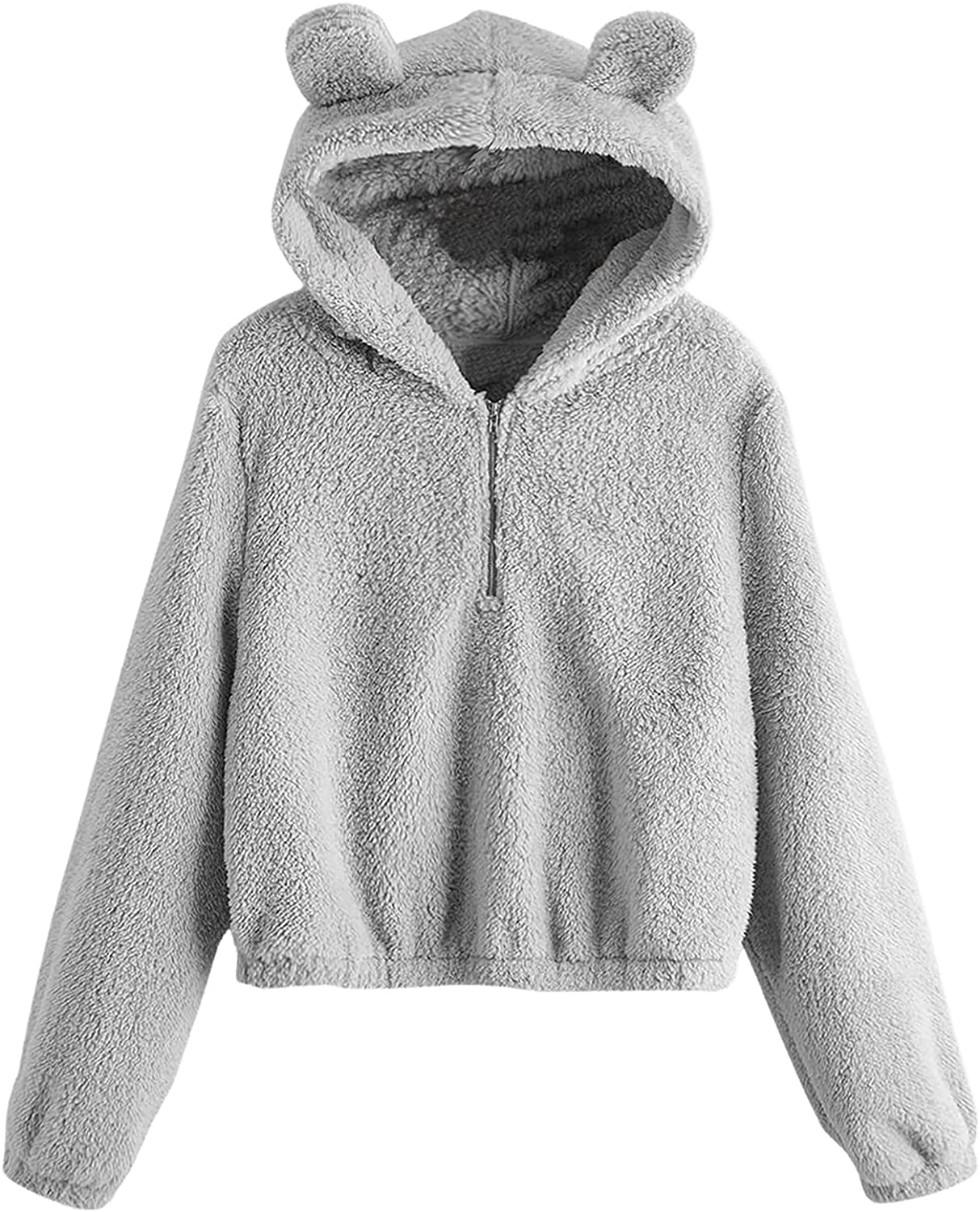 SweatyRocks Women's Cute Long Sleeve Hoodie Fuzzy Fleece Crop Pullover Sweatshirt Tops