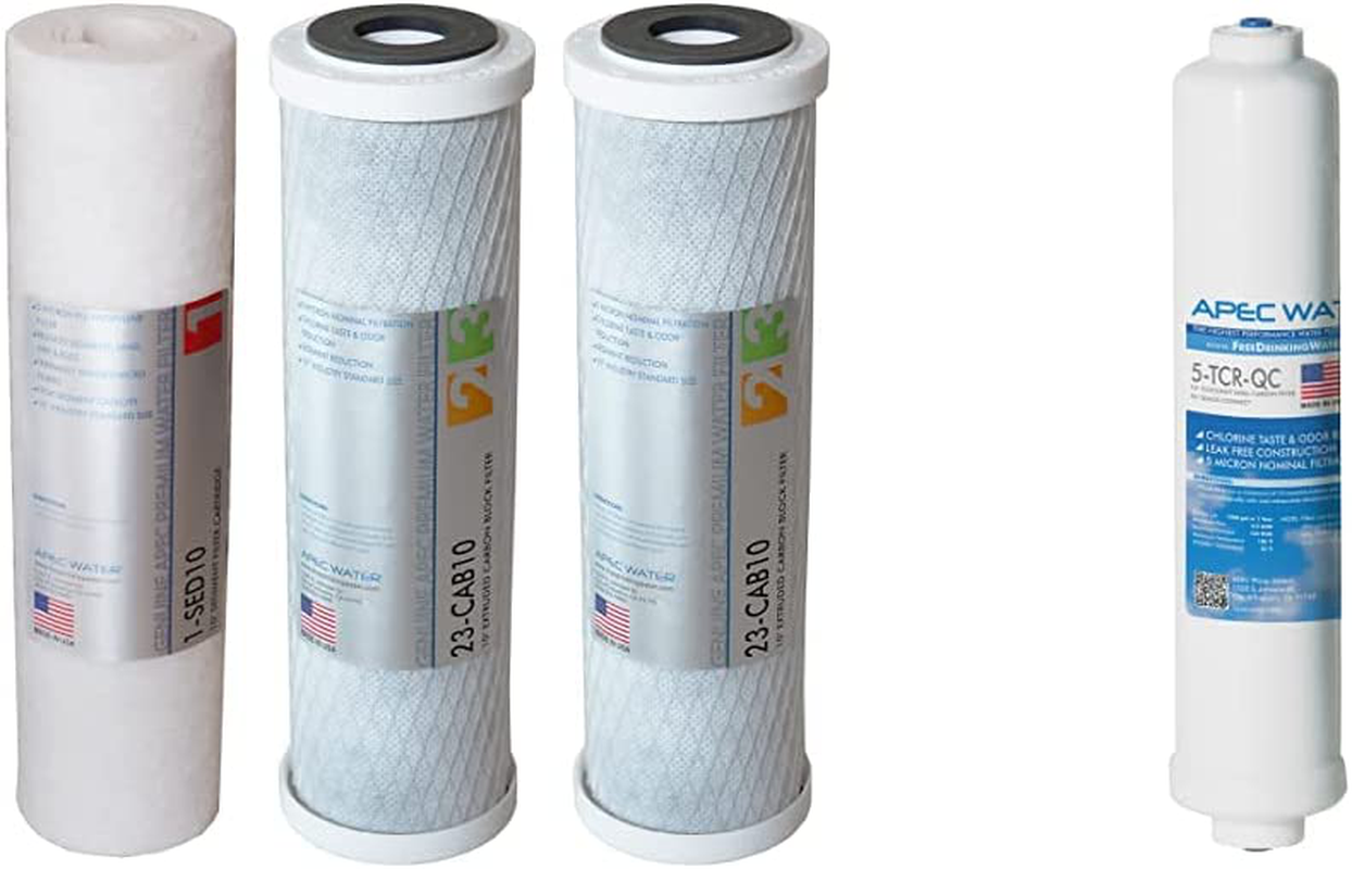 APEC Water Systems Filter-Set US Made Double Capacity Replacement Stage 1-3 for Reverse Osmosis System, White & DE 10" Inline Carbon Filter with ¼” Quick Connect For Reverse Osmosis Filter System