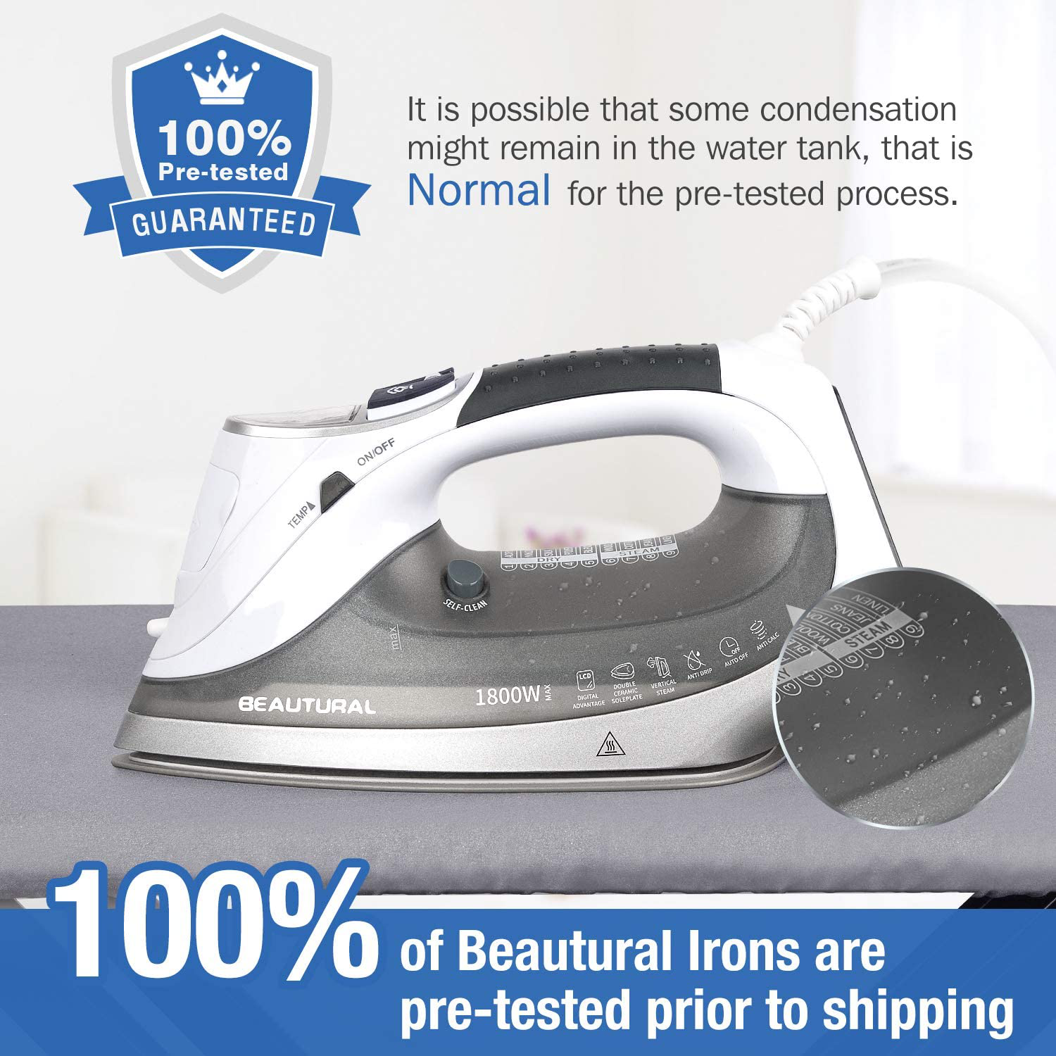 BEAUTURAL 1800-Watt Steam Iron with Digital LCD Screen, Double-Layer and Ceramic Coated Soleplate, 3-Way Auto-Off, 9 Preset Temperature and Steam Settings for Variable Fabric