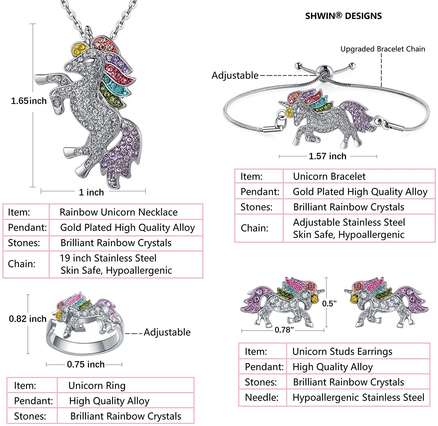 SHWIN Unicorn Necklace - 2 or 4 Pack Rainbow Unicorn Necklace Bracelet Set for Girls Jewelry Unicorn Gifts Set