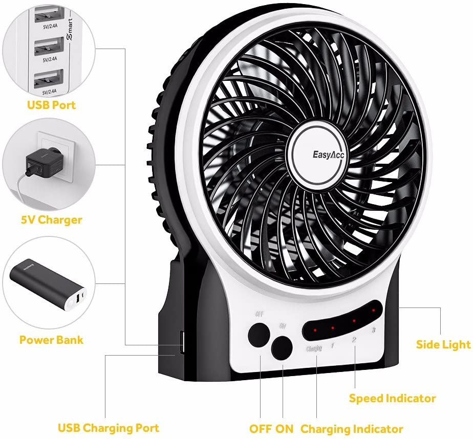 Small USB Desk Fan, Easyacc 3 Speed Portable Rechargeable Battery Fan with Blue LED Mood Light, Personal Quiet Table Fan 4.9 Inch Cooling Fan for Home, Office, Outdoor, Travel, Camping