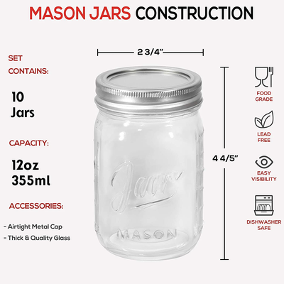 Aozita10 PACK Glass Mason Jars 12 oz, Regular Mouth Canning Jars with Metal Airtight Lids, Leak-Proof Colored Lids, Chalkboard Labels, Marker, for Meal Prep, Food Storage, Canning, Preserving