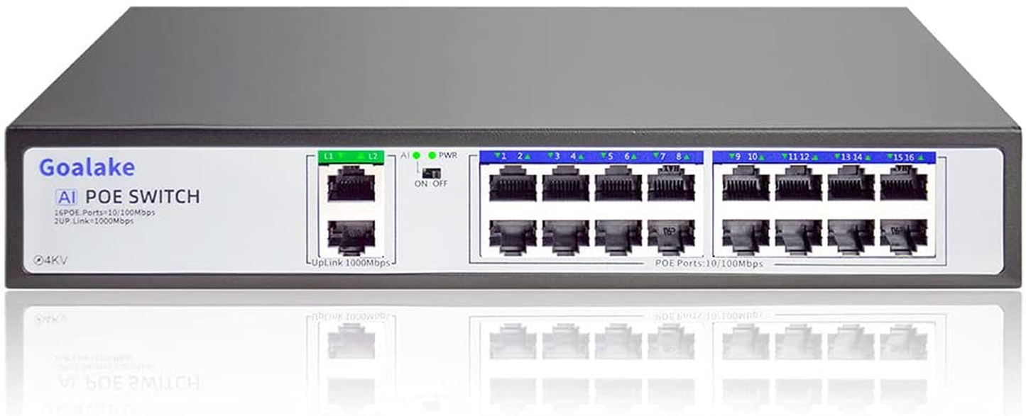 18 Port Network Unmanaged Poe+ Switch, 16 Poe+ Port 100Mbps + 2 Gigabit Uplinks, 200W Built-In Power@802.3Af/At, 4Kv Lightning Protection, AI Detection, AI Extend, Metal/Desktop