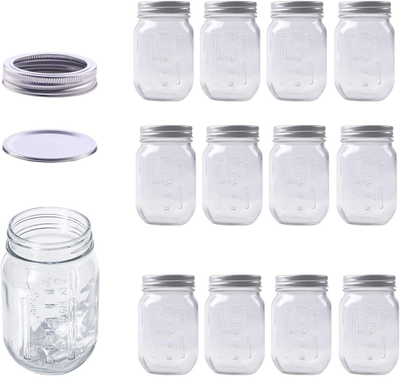 Hovico Mason Jars 17 oz With Regular Lids and Bands, Ideal for Jam,Dishwasher Safe Mason Jar for Fermenting, Kombucha, Kefir, Storing and Canning Uses, Clear- Set of 12 (Type B)