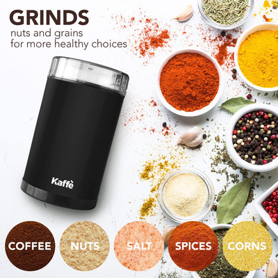 Kaffe Electric Coffee Grinder - Black - 3oz Capacity with Easy On/Off Button. Cleaning Brush Included. Grind Fresh Coffee Beans Every Time!