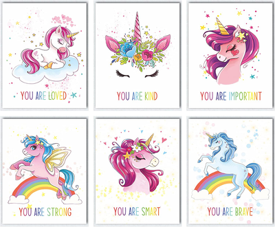 Unicorn Girls Room Décor | Motivational & Positive Affirmation Unicorn Bedroom Posters Wall Décor For Kids Room | Rainbow Decorations | Six 8x10 Wall Art Prints (Unframed) | Unicorn You Are Set
