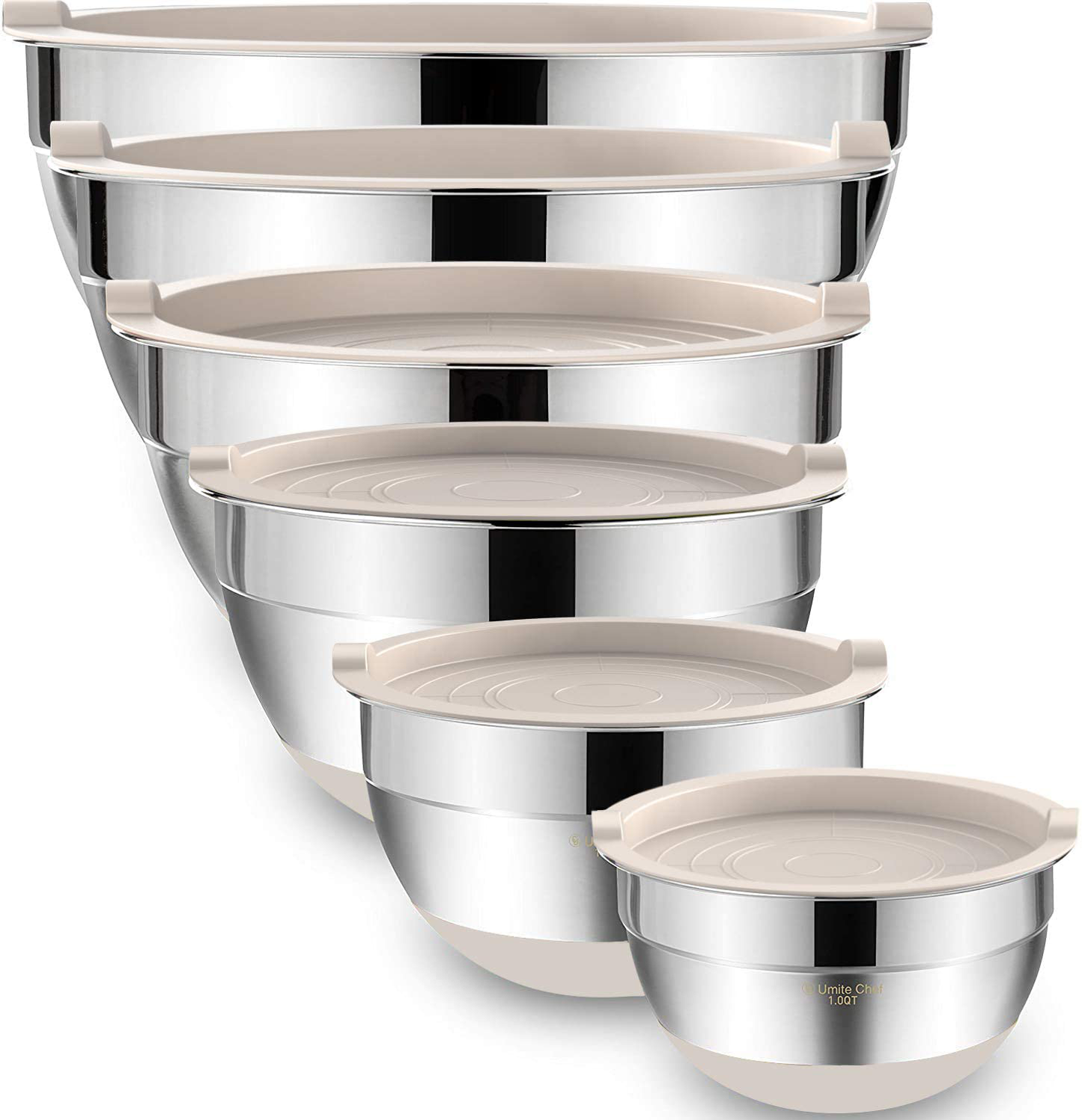 Mixing Bowls with Airtight Lids，6 piece Stainless Steel Metal Nesting Storage Bowls by Umite Chef, Non-Slip Bottoms Size 7, 3.5, 2.5, 2.0,1.5, 1QT, Great for Mixing & Serving (Khaki）