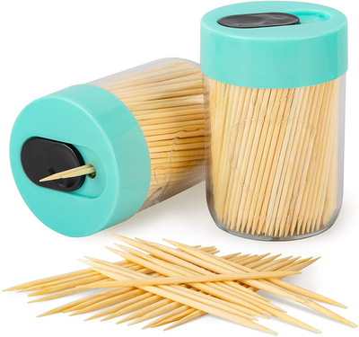 Urbanstrive Sturdy Safe Toothpick Holder with 400 Natural Wood Toothpicks for Teeth Cleaning, Unique Home Design Decoration, Unusual Gift, 2 Pack (Light Blue)