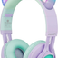 Kids Headphones, Riwbox CT-7S Cat Ear Bluetooth Headphones 85Db Volume Limiting,Led Light up Kids Wireless Headphones over Ear with Microphone for Laptop/Pc/Tv (Purple&Green)