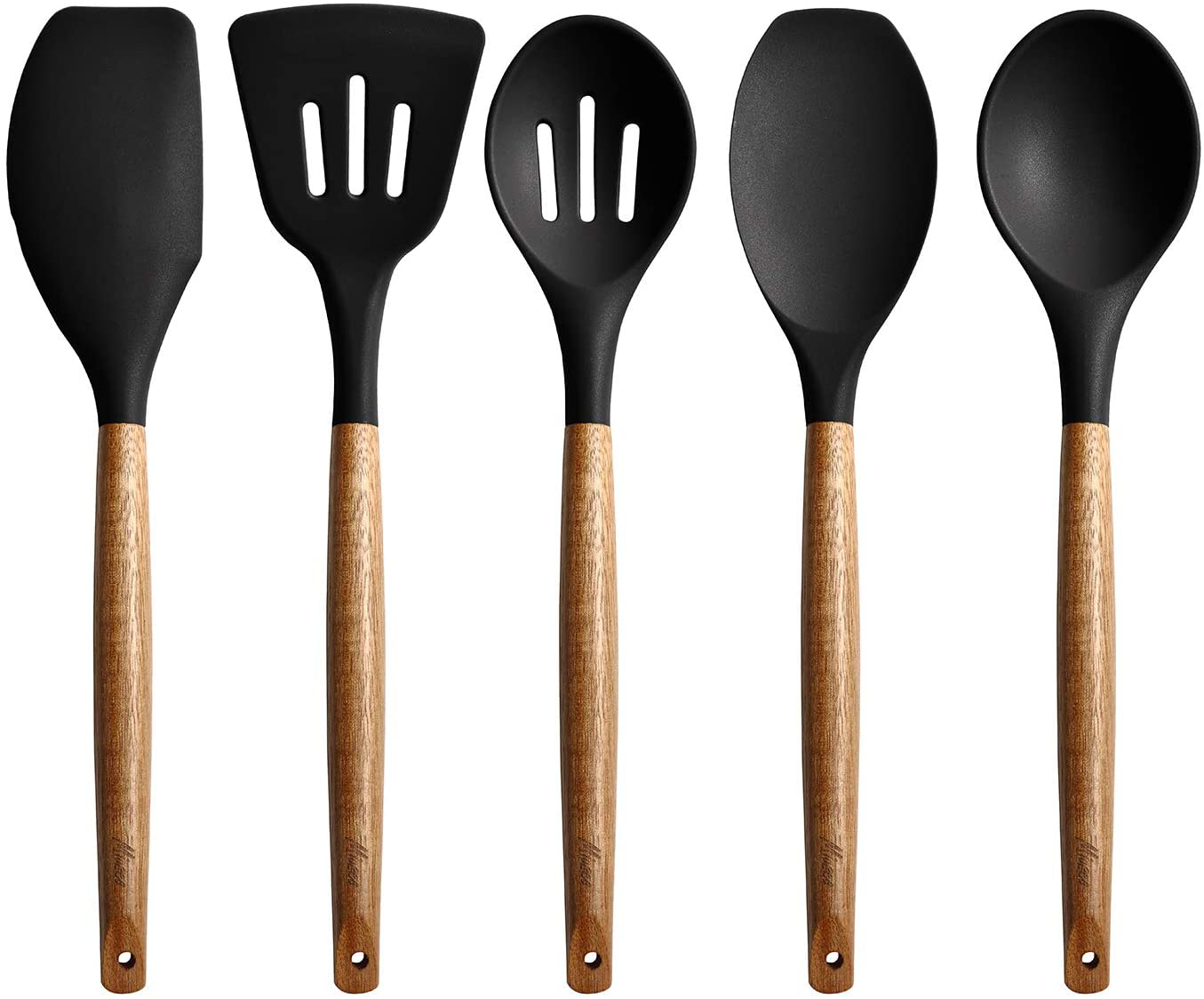 Miusco Non-Stick Silicone Cooking Utensils Set with Natural Acacia Hard Wood Handle, 5 Piece, High Heat Resistant