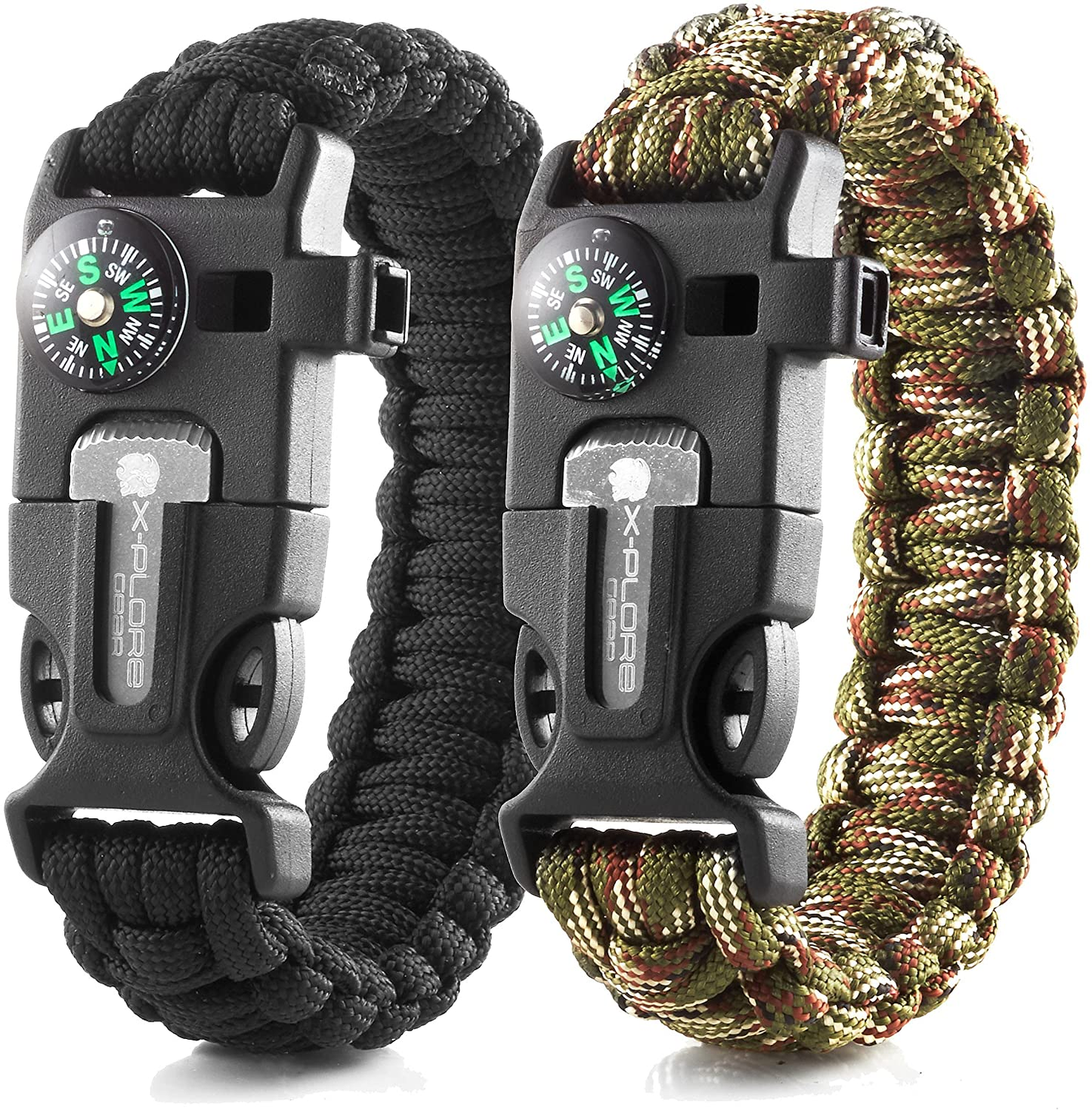 Emergency Paracord Bracelets | Set of 2| the Ultimate Tactical Survival Gear| Flint Fire Starter, Whistle, Compass & Scraper | Best Wilderness Survival-Kit for Camping/Fishing & More