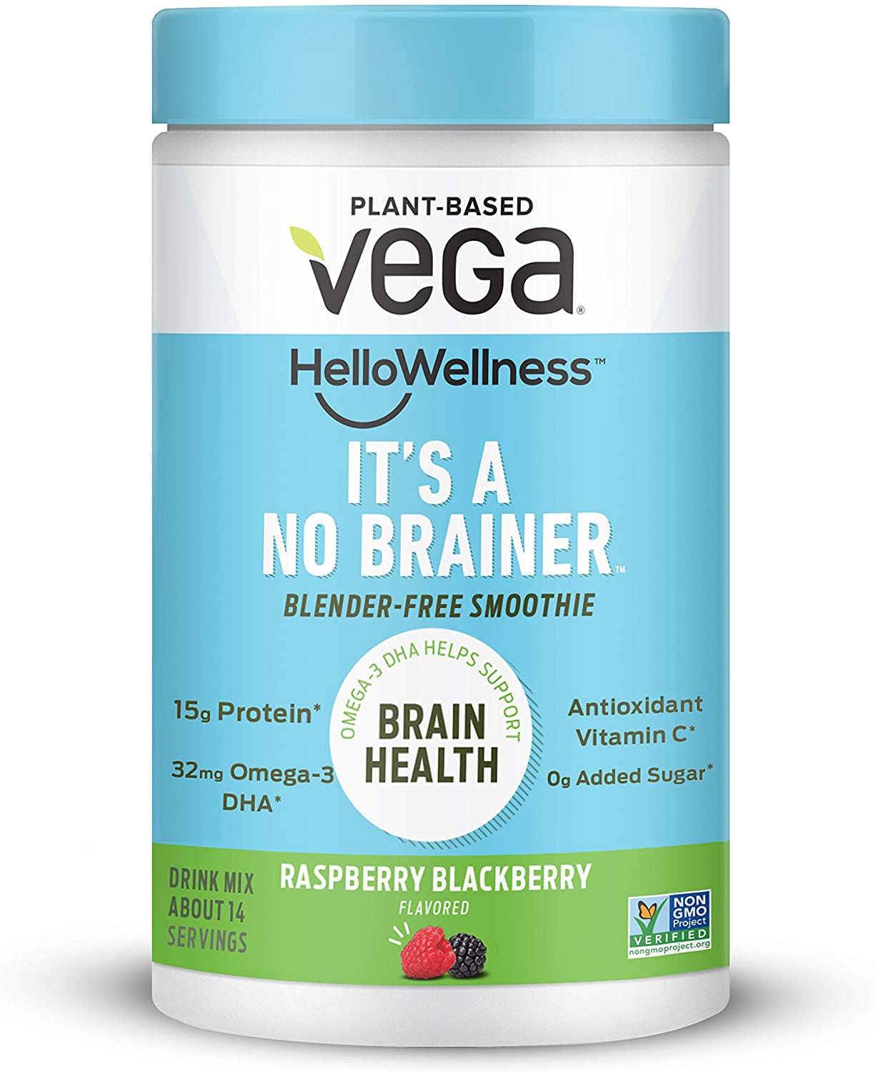 Vega Hello Wellness It’S a No Brainer Blender Free Smoothie, Raspberry Blackberry (14 Servings, 13.6Oz) – Plant Based Vegan Protein Powder, Omega 3 DHA, Antioxidant Vitamin C