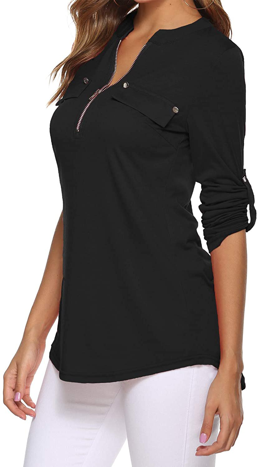 LuckyMore Womens V Neck Zip Cuffed Sleeve Flowy Business Casual Work Tunic Tops Shirts Blouse