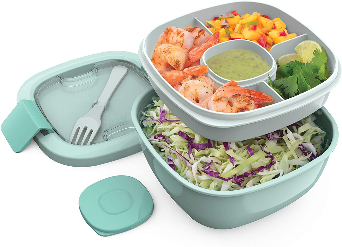 Bentgo Salad - Stackable Lunch Container with Large 54-oz Salad Bowl, 4-Compartment Bento-Style Tray for Toppings, 3-oz Sauce Container for Dressings, Built-In Reusable Fork & BPA-Free (Coastal Aqua)