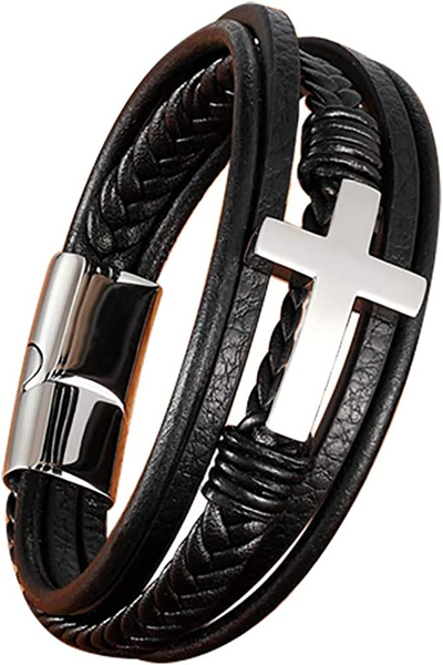 Multi-Layer Braided Leather Bracelets with Magnetic Clasp Mens Cuff Bracelets for Men Genuine Leather Bracelet Christian Leather Bracelet Cross Religious Leather Bracelets