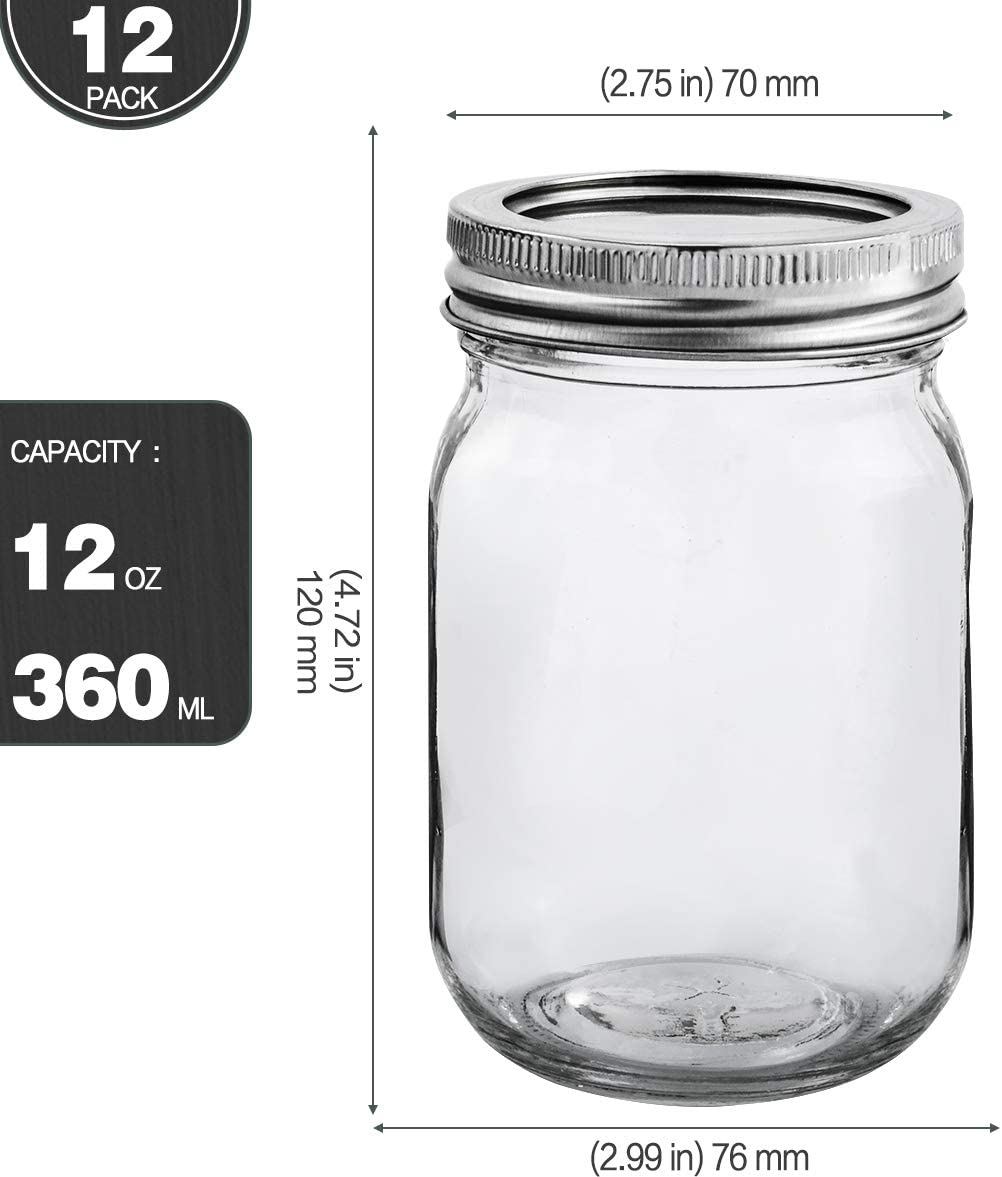 KAMOTA Mason Jars 12 oz With Regular Lids and Bands, Ideal for Jam, Honey, Wedding Favors, Shower Favors, Baby Foods, DIY Magnetic Spice Jars, 12 PACK, 20 Whiteboard Labels Included