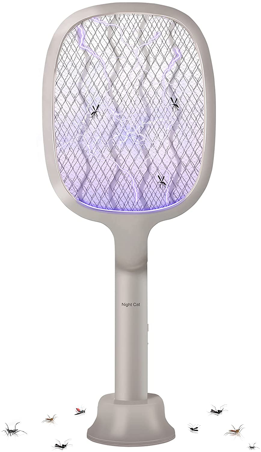 Night Cat Bug Zapper Racket with Attractive Purple Lamp Light and Foldable Handle Electric Fly Swatter Racquet Electronic Mosquito Killer with USB Rechargable 4000V