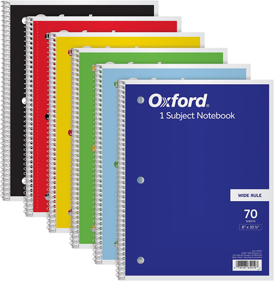 Oxford Spiral Notebook 6 Pack, 1 Subject, Collage/Wide Ruled Paper, 8 X 10-1/2 Inch, 70 Sheets
