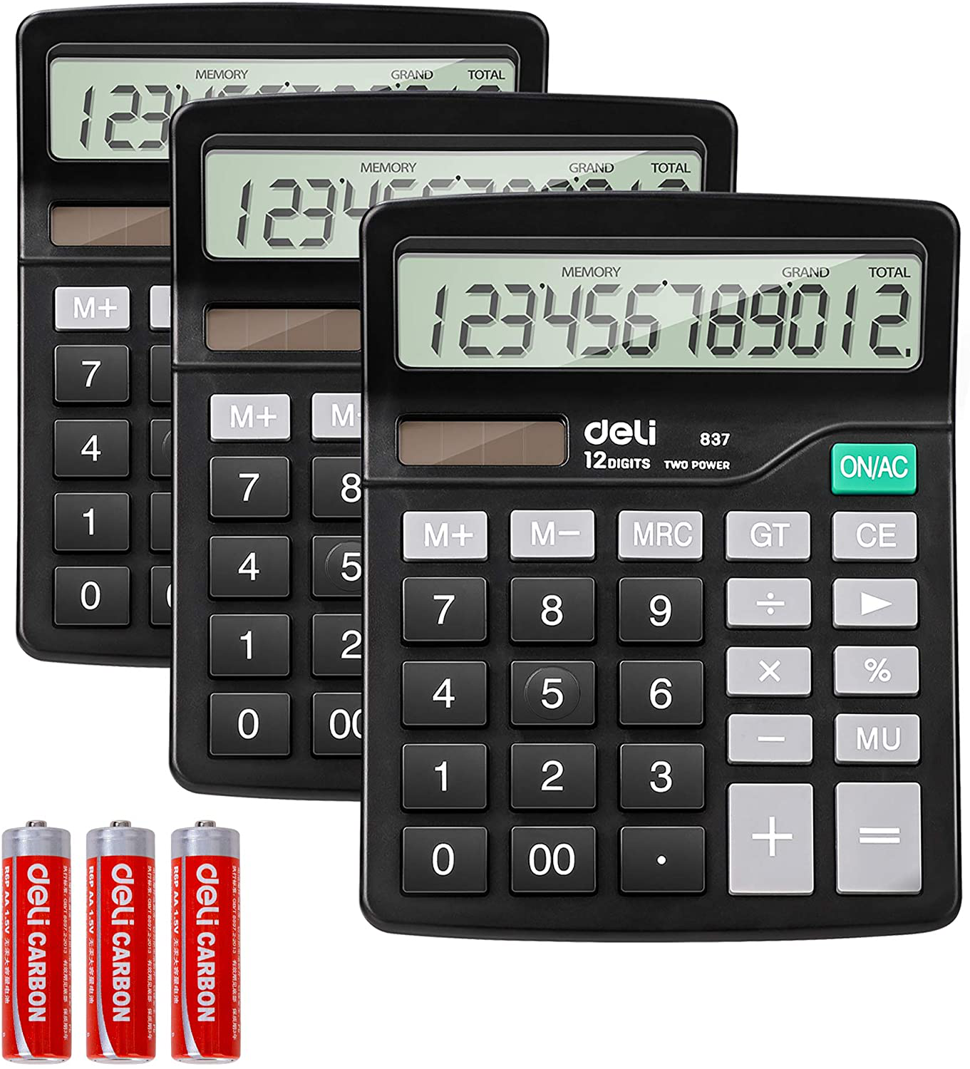 Calculator, Deli Standard Function Desktop Calculators with 12 Digit Large LCD Display, Solar Battery Dual Power Office Calculator, Black