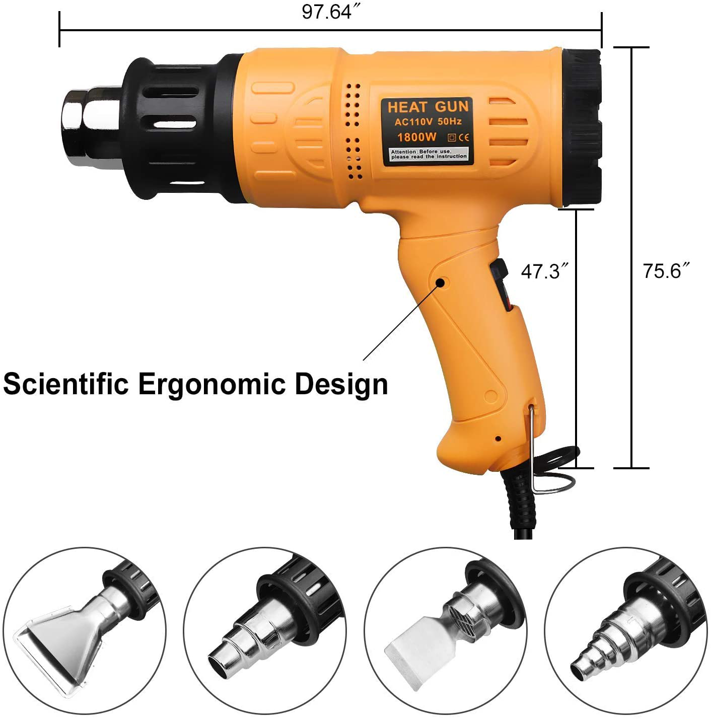 SEEKONE Heat Gun 1800W Heavy Duty Hot Air Gun Kit Variable Temperature Control with 2-Temp Settings 4 Nozzles 122℉~1202℉（50℃- 650℃）with Overload Protection for Crafts, Shrinking PVC, Stripping Paint