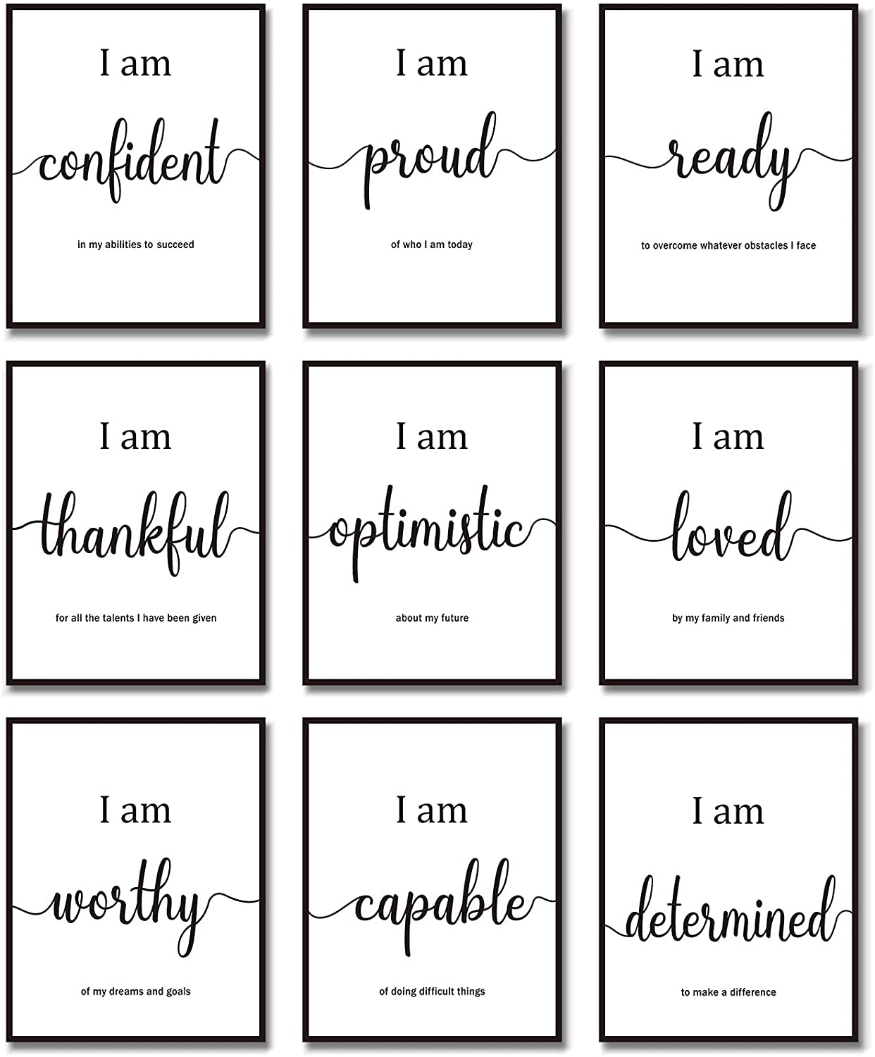 9 Pieces Inspirational Motivational Wall Art Office Bedroom Wall Art, Daily Positive Affirmations for Men Women Kids Inspirational Posters Inspirational Positive Quotes Sayings Wall Decor (White)