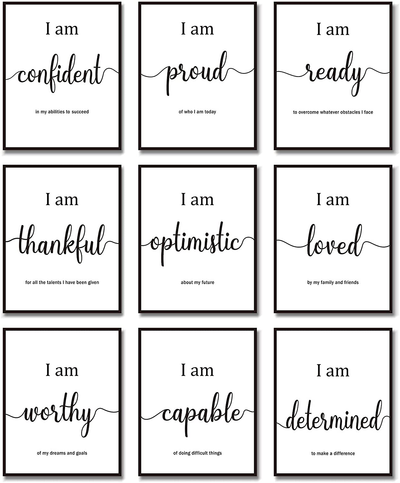 9 Pieces Inspirational Motivational Wall Art Office Bedroom Wall Art, Daily Positive Affirmations for Men Women Kids Inspirational Posters Inspirational Positive Quotes Sayings Wall Decor (White)