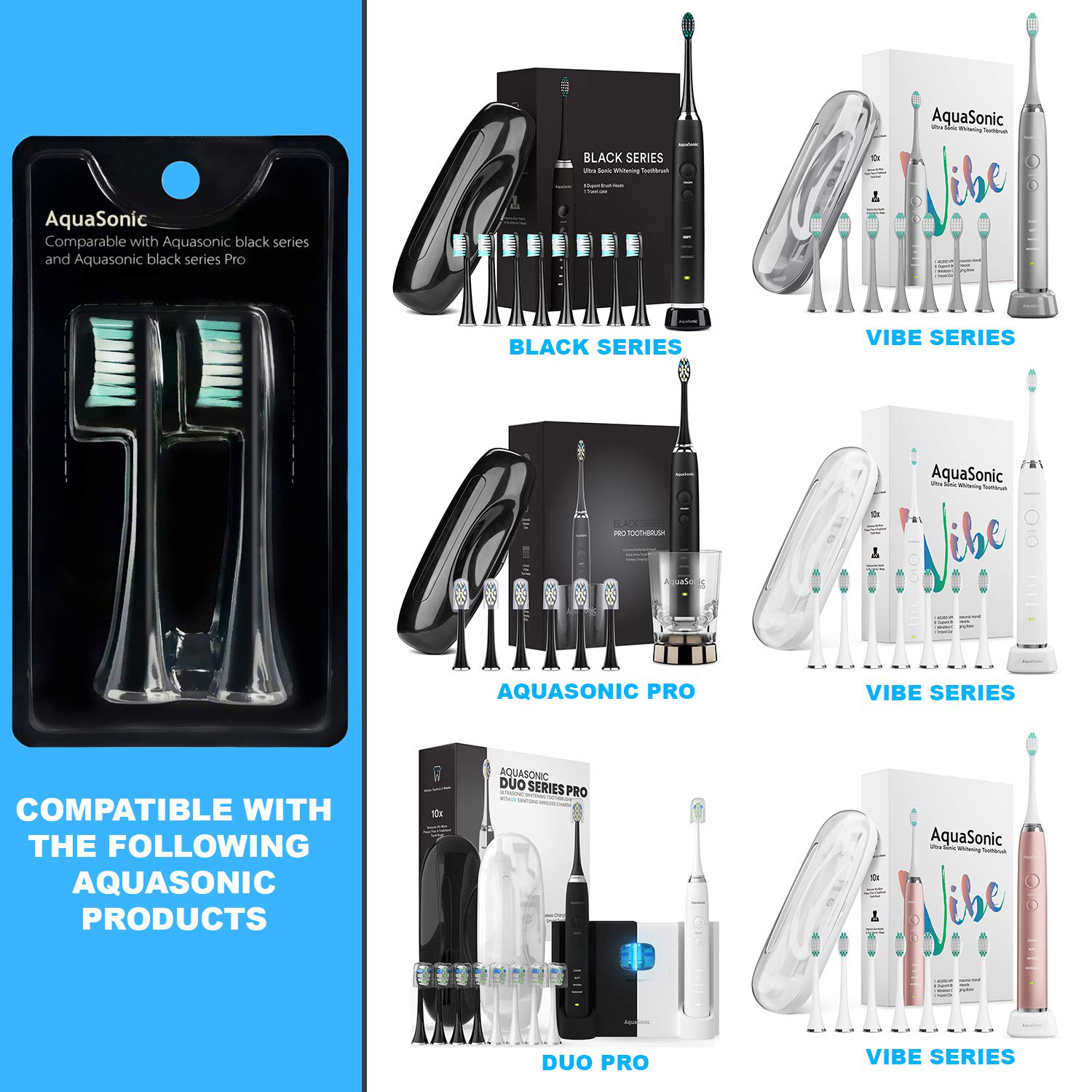 AquaSonic Black Series Replacement Brush Heads 2-Pack - Electric Toothbrush Replacement Brush Heads