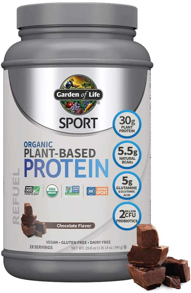 Organic Vegan Sport Protein Powder, Chocolate - Probiotics, Bcaas, 30G Plant Protein for Premium Post Workout Recovery, NSF Certified, Keto, Gluten & Dairy Free, Non GMO, Garden of Life - 19 Servings