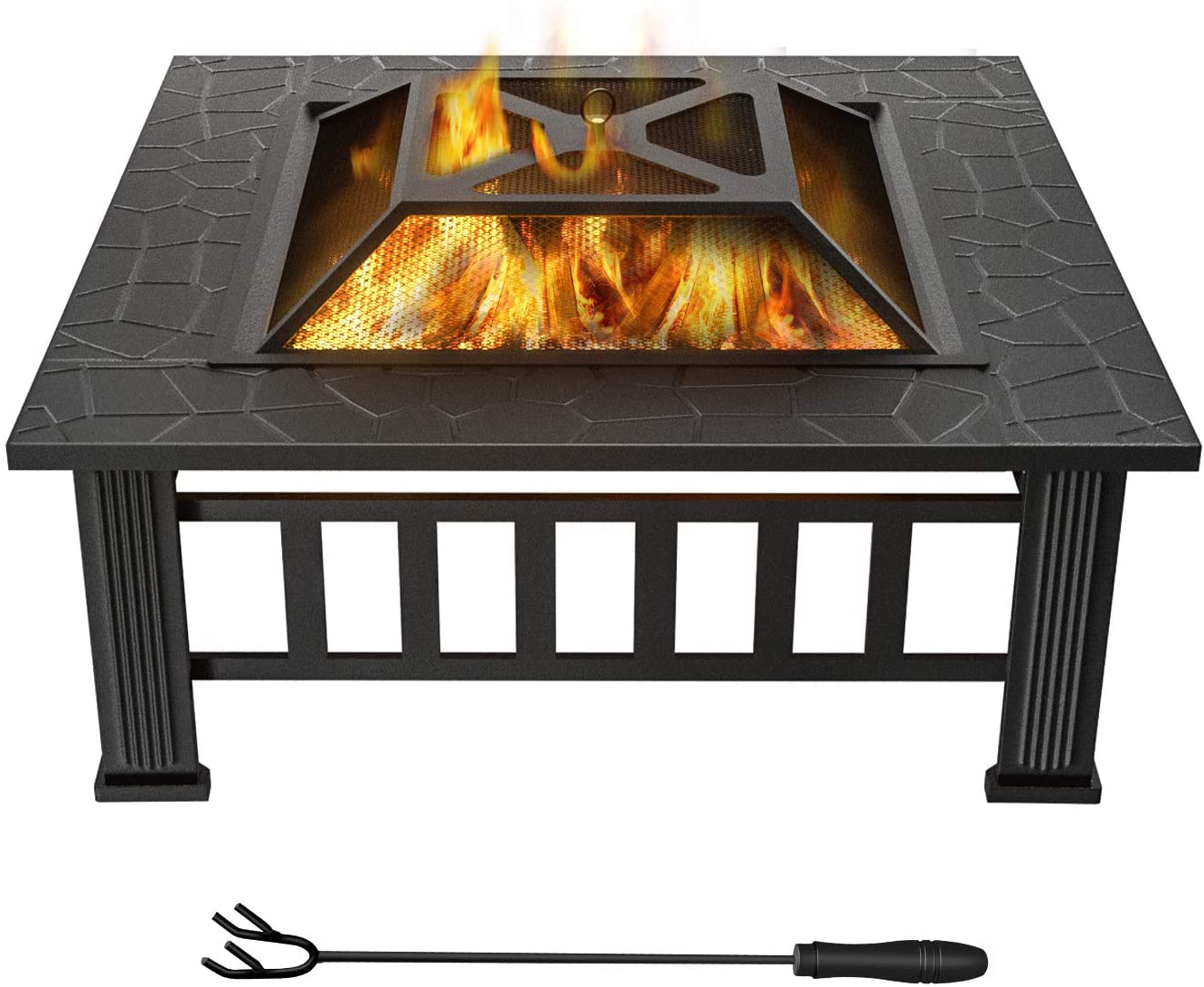 WINWEND Fire Pit Outdoor Wood Burning, 32in Firepit with Spark Screen, Waterproof Cover, Poker, Square Firepit for Patio Backyard Garden