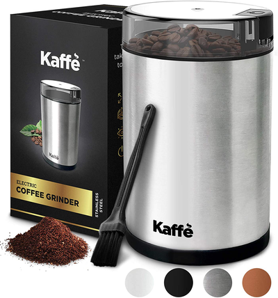 Kaffe Electric Coffee Grinder - Stainless Steel - 3oz Capacity with Easy On/Off Button. Cleaning Brush Included. Grind Fresh Coffee Beans Every Time!