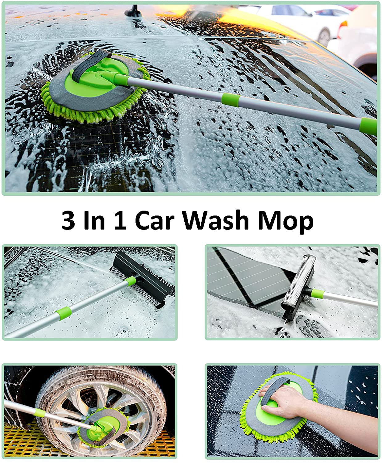 FORCAR 15pcs Car Cleaning Kit, Car Wash Brush Mop with 43" Long Handle, Chenille Microfiber Mitt, Extendable Long Pole Window Water Scraper for Interior and Exterior Car Detailing Kit