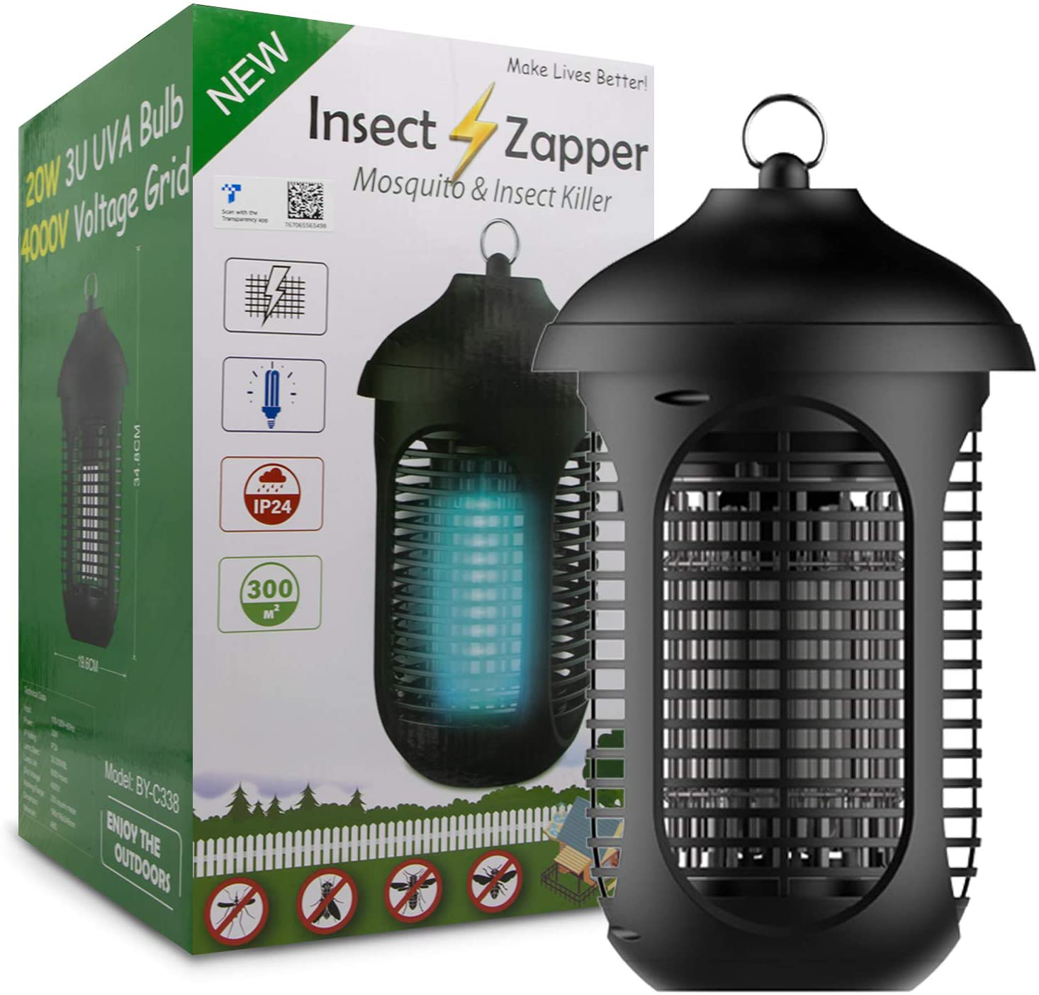 VANELC Bug Zapper Outdoor, 4000V/20W Electronic Mosquito Zapper, High Powered Pest Trap Waterproof for Fly Gnat Moth, Insect Killer Catcher for Home Kitchen Patio Garden Camping