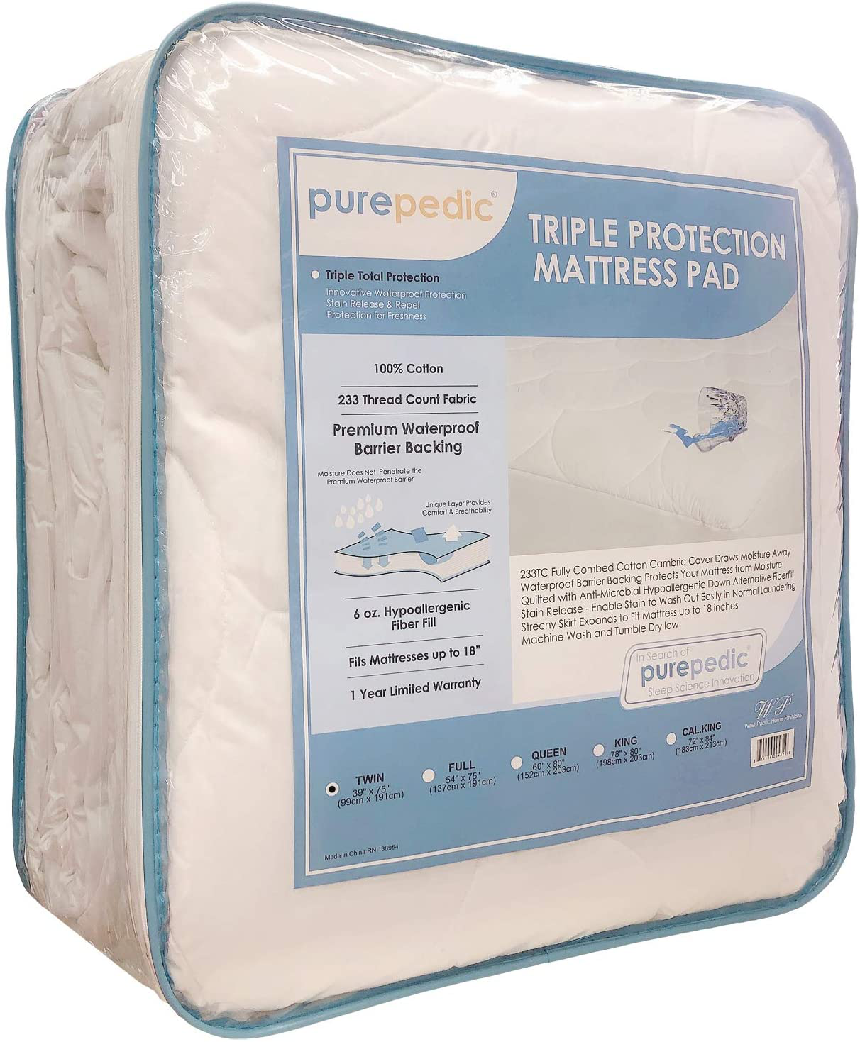 Purepedic Triple Protection Full Mattress Pad Full Size Bed Waterproof Mattress Protector Cooling Mattress Topper Cotton Mattress Cover Comfortable Mattress Encasement for Full Size Bed