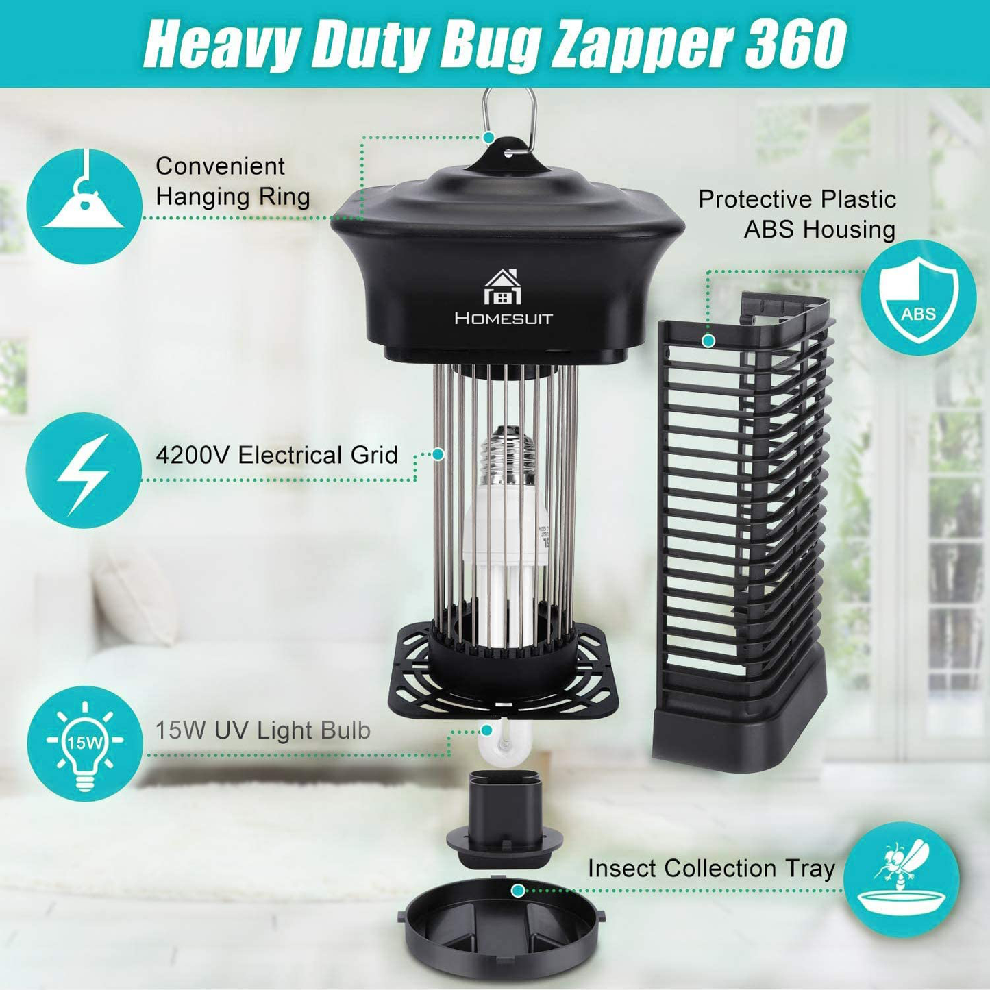 Homesuit Bug Zapper 15W for Outdoor and Indoor ,High Powered 4000V Electric Mosquito Zappers Killer , Waterproof Insect Fly Trap Outdoor ,Electronic Light Bulb Lamp for Home Backyard Patio