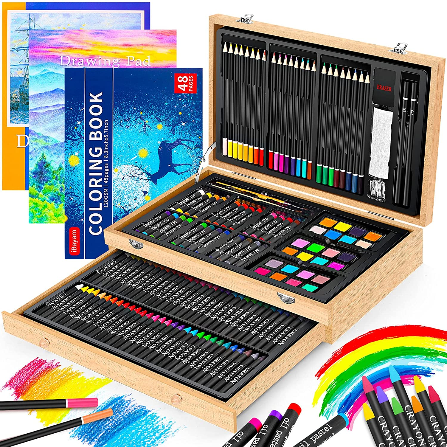 Art Supplies, Ibayam 150-Pack Deluxe Wooden Art Set Crafts Drawing Painting Kit with 1 Coloring Book, 2 Sketch Pads, Creative Gift Box for Adults Artist Beginners
