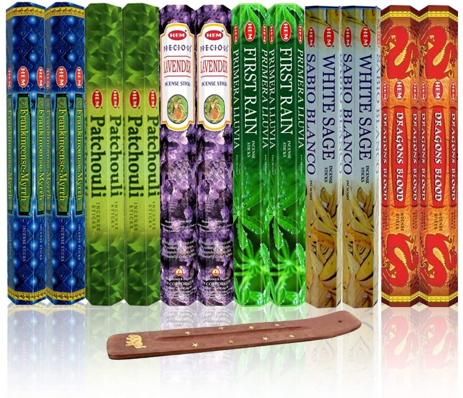 Six Most Popular Hem Incense Scents of All Time, 120 Sticks Total, with Free Burner - 20 Sticks Each of Dragon S Blood, Frankincense & Myrrh, Patchouli, Precious Lavender, First Rain, and White Sage