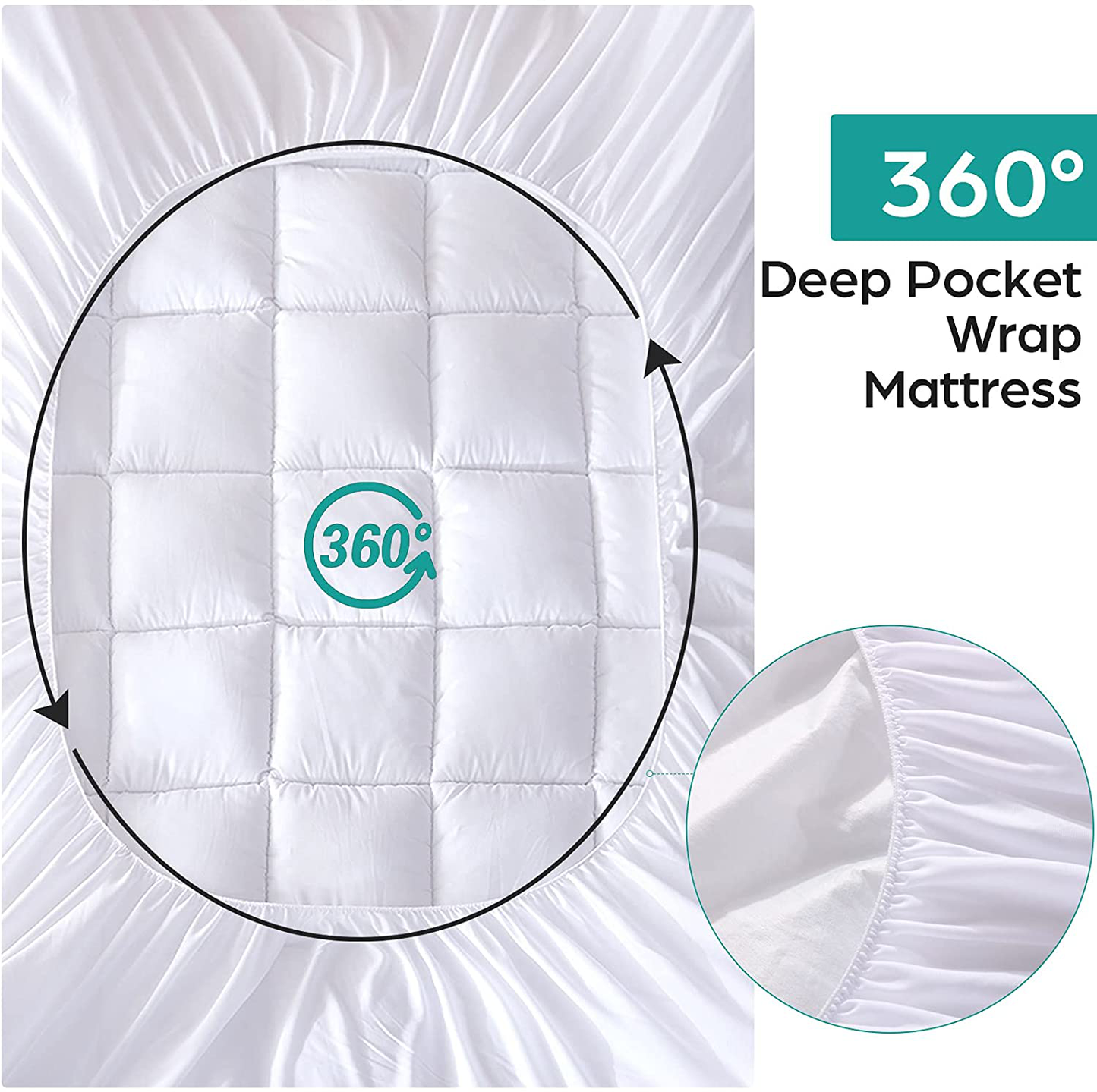 WhatsBedding Waterproof Mattress Pad Queen Size Cotton Top Down Alternative Filling Pillowtop Mattress Topper Cover-Fitted Quilted (Queen Mattress Pad)