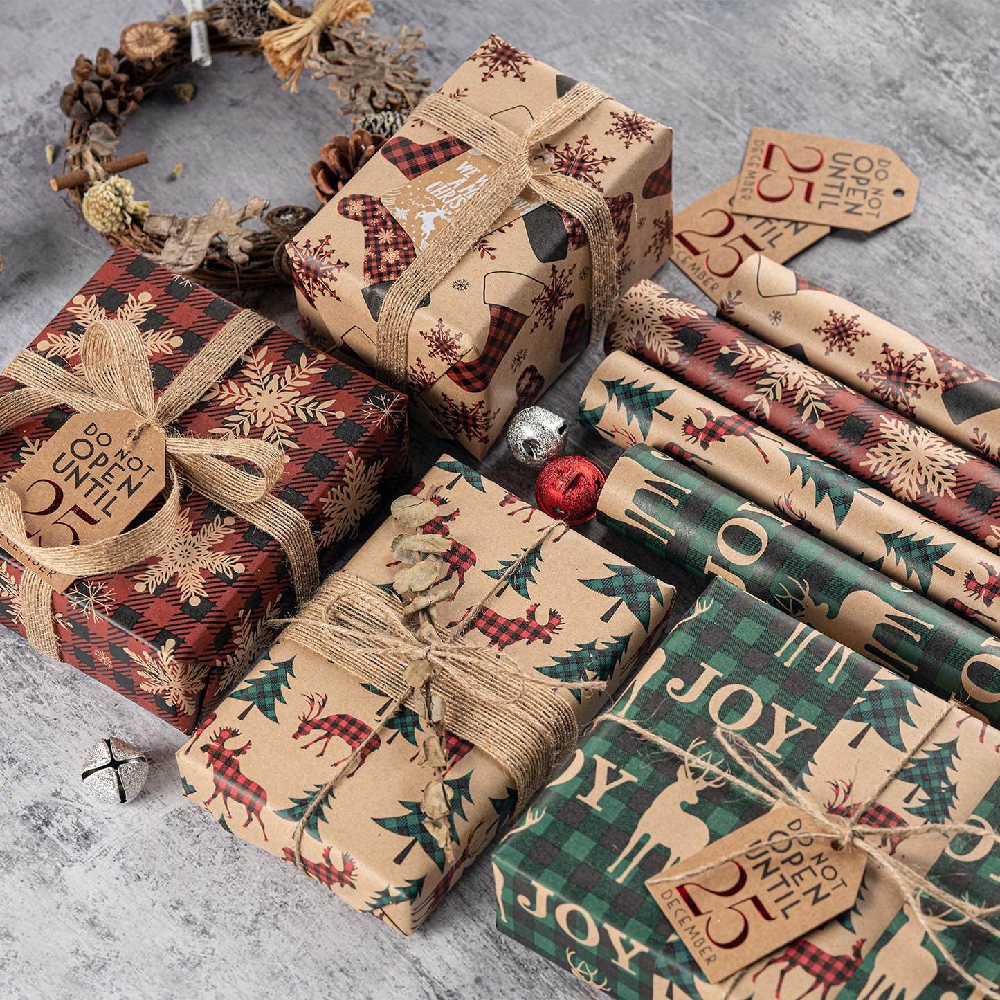 RUSPEPA Christmas Wrapping Paper, Kraft Paper - 4 Rolls - 30 Inches X 10 Feet per Roll