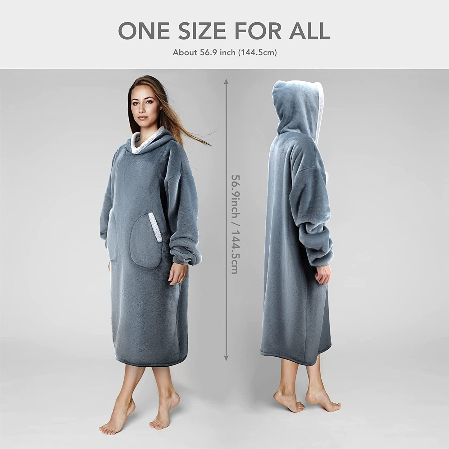Oversized Adult Wearable Blanket Hoodie with Long Sleeves, Large Pocket and Hood for Men Women, Warm and Cozy Thick Flannel Blanket