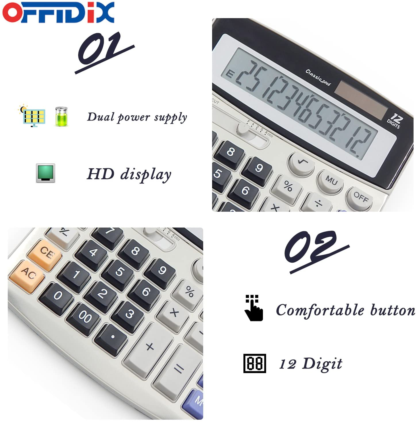 OFFIDIX Office Calculators Desktop Calculator,Basic Calculators, Solar Battery Dual Power Electronic Calculator Portable 12 Digit Large LCD Display Calculator Large Calculator
