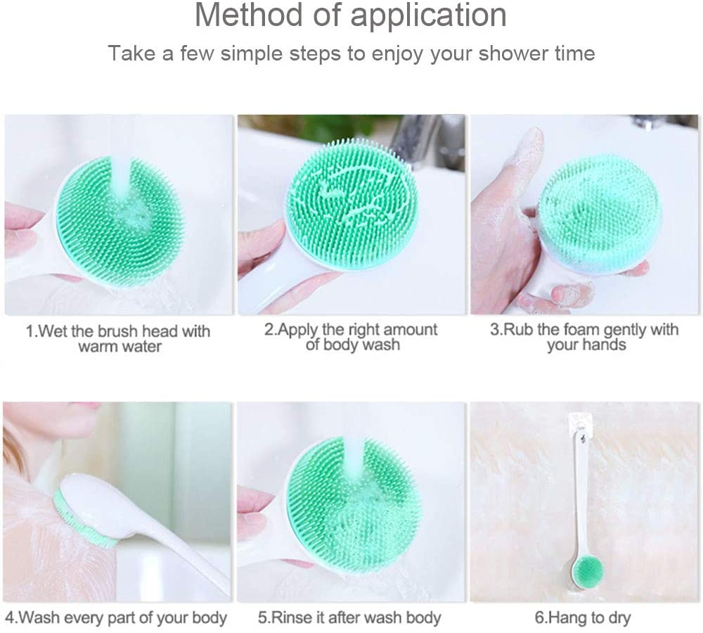 Silicone Bath Body Brush Exfoliator, Back Brush Scrubber Long Handle for Shower with Soft Bristles, Shower Brush Scrubber for Body Men and Women, BPA Free, Non-Slip