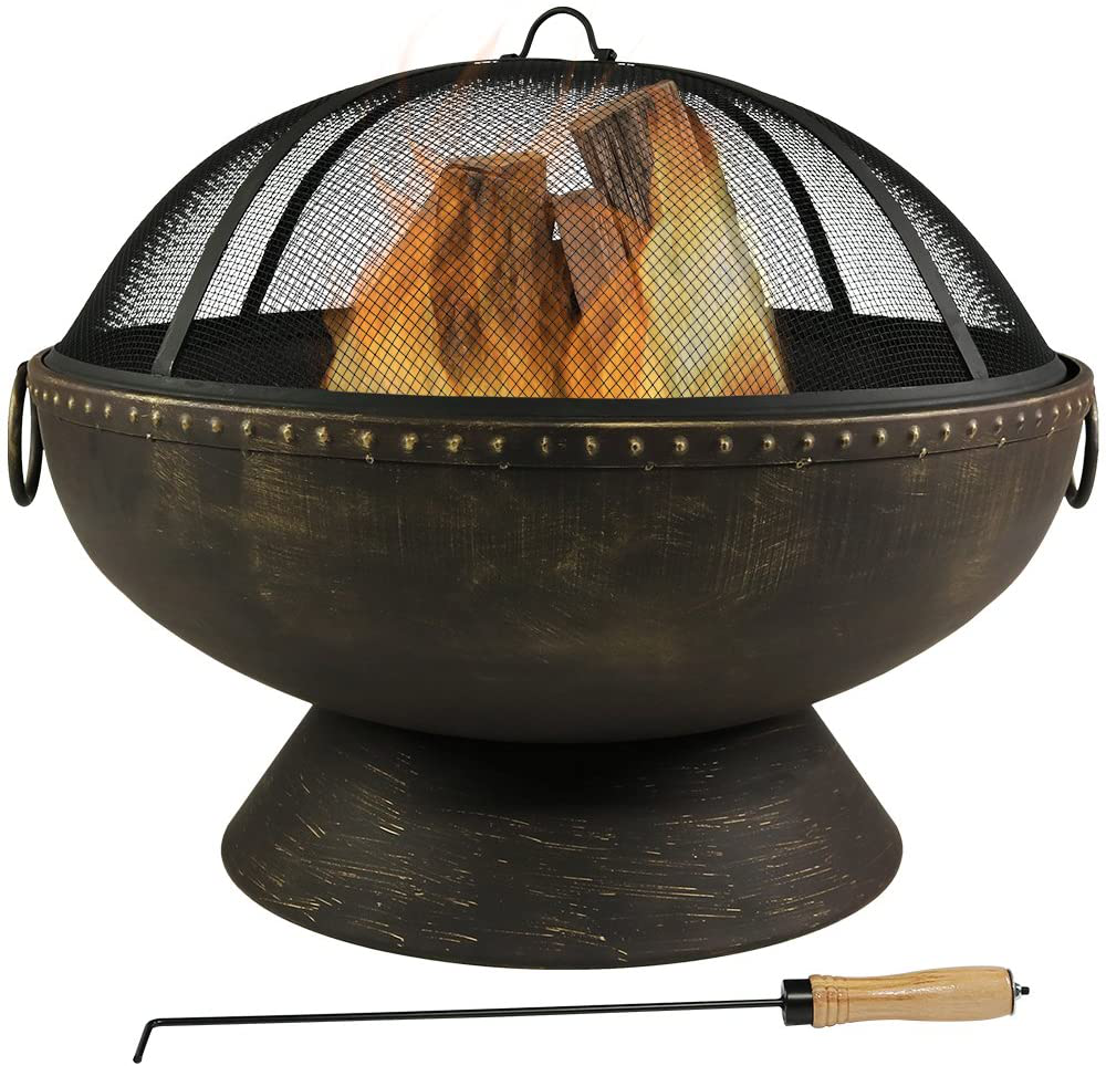 Sunnydaze Outdoor Fire Pit Bowl - 30 Inch Large Round Wood Burning Patio & Backyard Firepit for Outside with Spark Screen, Fireplace Poker, and Metal Grate