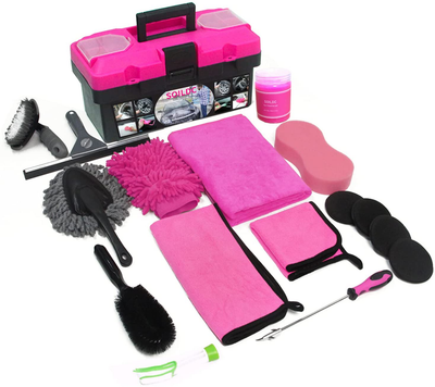 VZIKRK Car Wash Kit, Pink Car Cleaning Kit Interior and Exterior, Cleaning Gel Window Squeegee Duster、Car Washing Sponge Car Washing Mitt Microfiber Towels Wax Applicator Wheel Brush(17pcs)