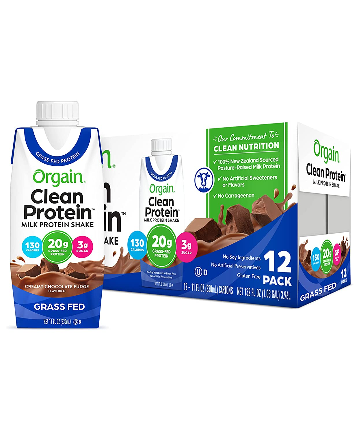 Orgain Grass Fed Clean Protein Shake, Creamy Chocolate Fudge - 20G of Protein, Meal Replacement, Ready to Drink, Gluten Free, Soy Free, Kosher, Packaging May Vary, 11 Fl Oz (Pack of 12)